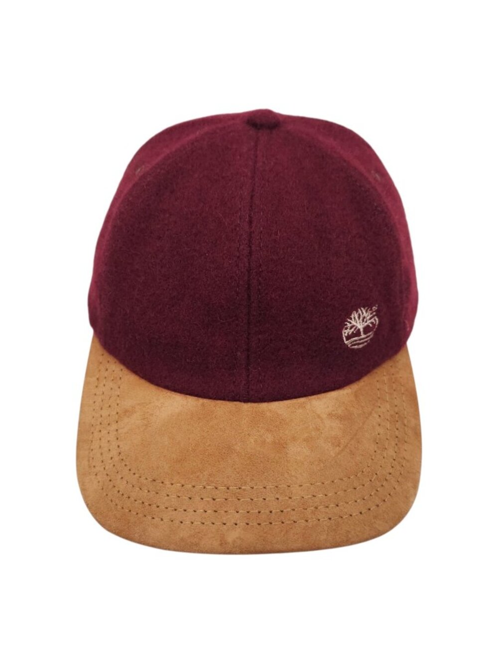 Timberland Wool Blend Ball Cap Hat Maroon Burgundy Faux Suede Brim Tree Logo